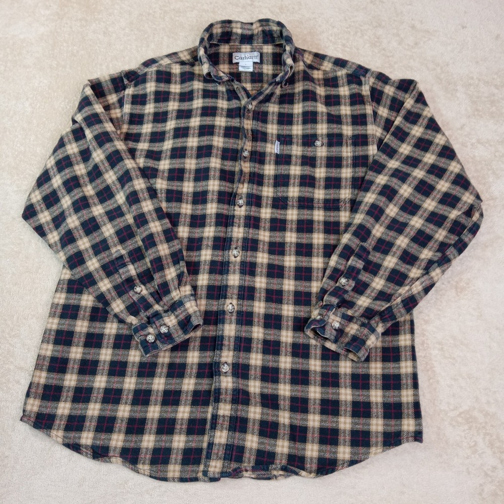 Carhartt Heavy Flannel Long Sleeve Shirt Men's Large Black Brown Plaid